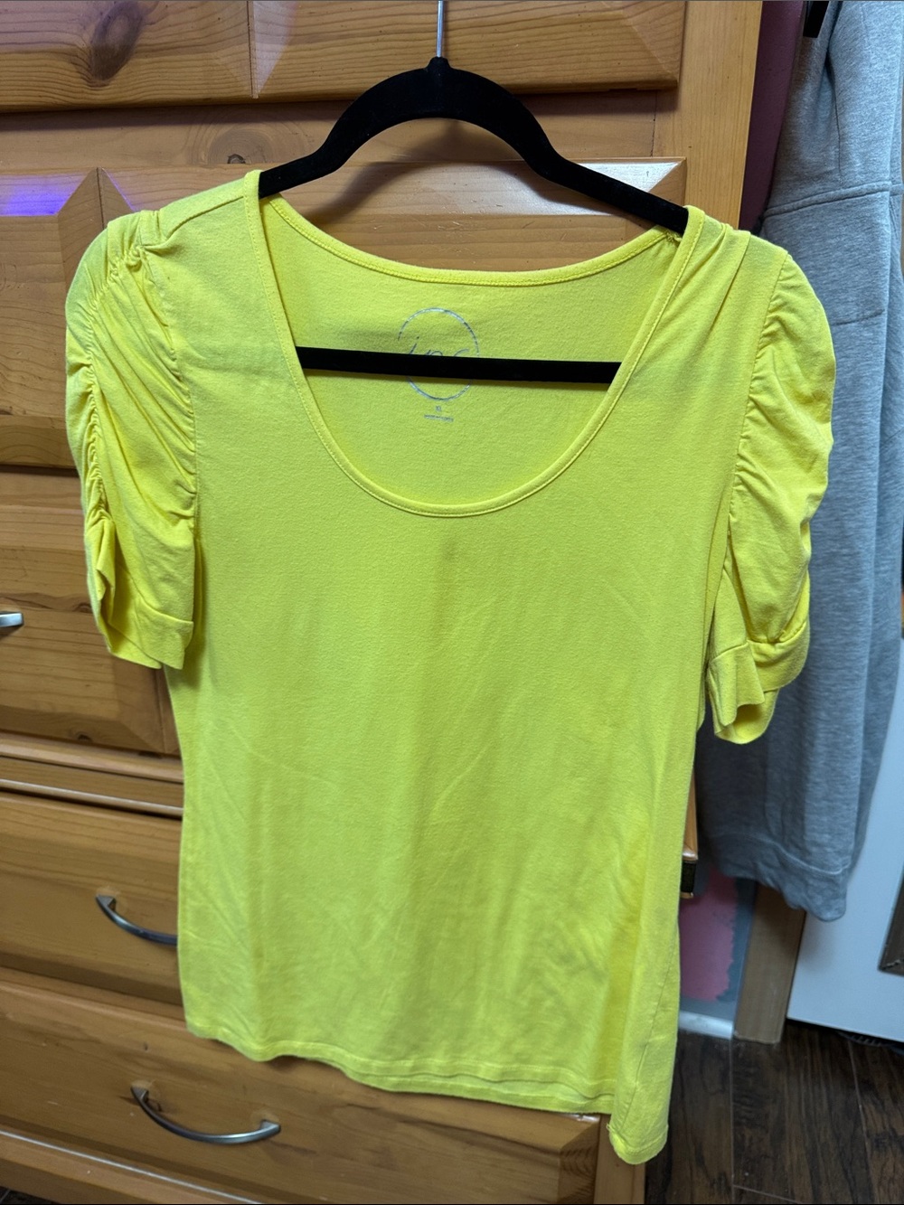 INC International Concepts Vibrant Yellow Scoop Neck Ruched Short Sleeve Tee